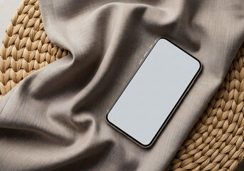 Smartphone Mockup on Shimmering Fabric and Wicker Background High Angle View Featuring Neutral Tones and Soft Lighting for Display Advertising and Design Asset
