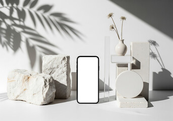 Smartphone Mockup with White Screen Display Among Geometric Stone Blocks and Flower Vase in a Sunlit Setting with Harsh Shadows