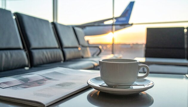 Coffee and Newspaper at Airport Lounge with Airplane View.