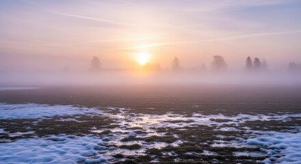 Golden sunrise over foggy winter field with melting snow and distant trees