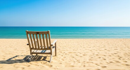 Fototapeta premium Wooden beach chair on a sandy shore facing the turquoise ocean under a clear blue sky