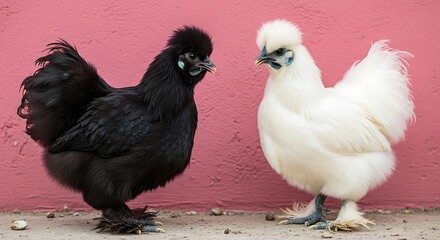 Two fluffy Silkie chickens, one black and one white, standing against a vibrant pink wall.