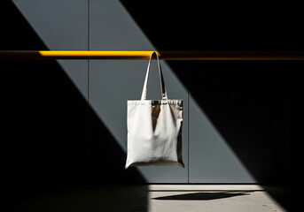 Tote Bag Displayed on a Yellow Pipe Against Dark Grey Wall with Dynamic Light and Shadow Creating Visual Interest Minimalist Composition For Commercial Use