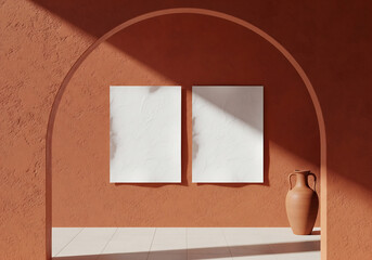 Two White Mockup Frames on Textured Coral Wall Under Archway with Light Streaks and Terra Cotta Vase on Cream Tile Platform for Presentation in Sunlight