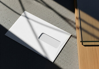 White Envelope on Textured Gray Surface with Sunlight Shadows Top View, Rectangular Paper Mailing Enclosure with Address Window, Harsh Natural Light Creates Strong Shadow Patterns, Simple Background