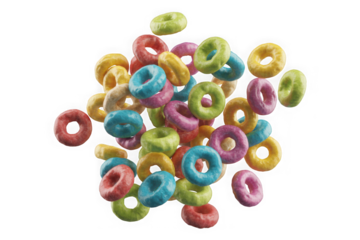 Floating Colorful Fruit Cereal Loops isolated on transparent background. PNG