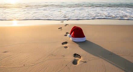 A Santa hat rests on a sun-kissed beach with footprints leading to the sea, symbolizing a warm holiday escape