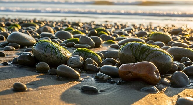 Close up of wet pebbles on a sandy beach with gentle waves in the background at sunset.