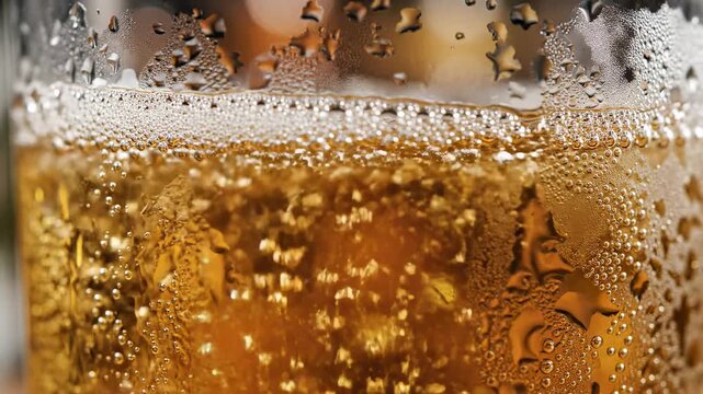 Refreshing Cold Beer With Bubbles And Condensation Close Up.