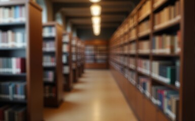 Blurred vintage bookshelves in public library interior. Generative AI. High quality