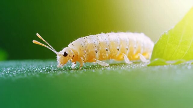 Tiny Crawler on Leaf: A microscopic view captures a small, delicate worm, showcasing intricate details. With a focus on the beauty of the minuscule creature.
