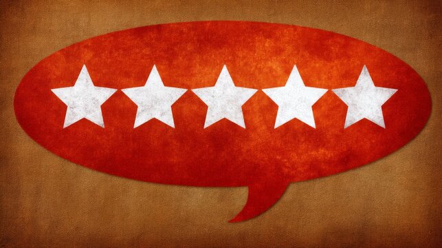 Vibrant red speech bubble icon with five white stars for customer review and feedback rating system.