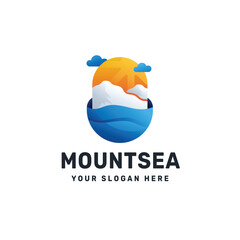 Minimalist Nature Logo with Sun, Mountains, and Water