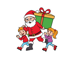 santa claus, riding sleigh, christmas tree, gift, christmas santa, santa sleigh, christmas gift, holiday celebration, Santa playing with children, merry christmas, winter  santa Colourful illustration