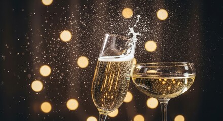 Golden champagne splashing from a flute glass with a coupe glass nearby, against festive bokeh lights.