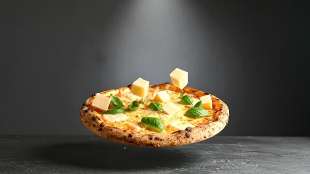 Floating Pizza with Cheese and Basil Ingredients