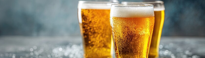 Three frothy glasses of beer sit on a reflective surface, showcasing their golden color and bubbles against a softly blurred background.