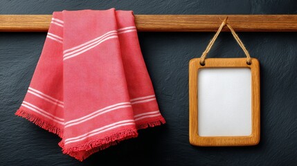 Vibrant red towel artfully draped on rustic wooden shelf perfect bathroom kitchen home decor accessory.