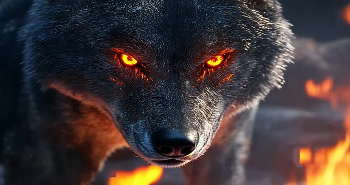 Fierce wolf with glowing orange eyes stands amidst flames in a dark, mystical forest
