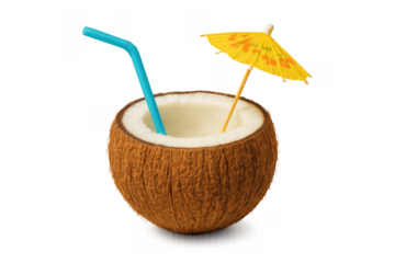 Coconut drink with straw and cocktail umbrella for refreshment