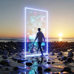 Man Stepping into Digital Portal on Beach at Sunset