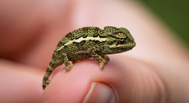Ultra-realistic macro photo of Brookesia Micra, the world&rsquo;s smallest chameleon, sitting on the tip of a human finger, showing detailed skin texture and natural colors.