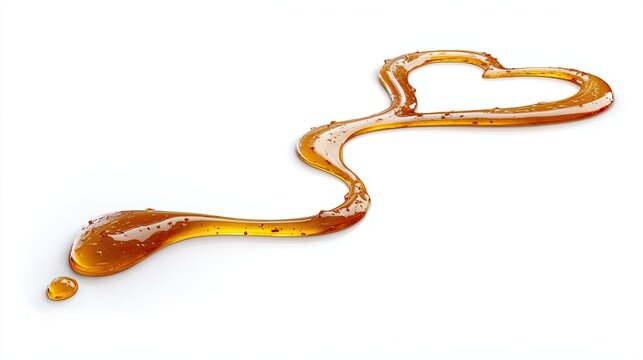 A golden syrup forming a heart shape on a white surface, symbolizing sweetness and affection.