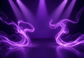 Glowing Abstract purple stage with swirling smoke and spotlights for performance. Light beam illuminate effect