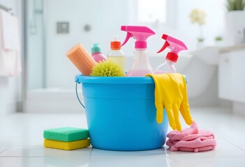 Organized cleaning kit with spray bottles, gloves and sponge. ideal for home care ads etc
