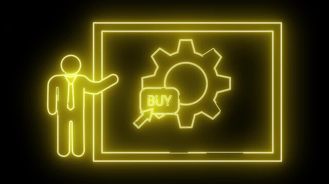 Glowing yellow neon outlines a figure a screen with a gear and BUY button on black