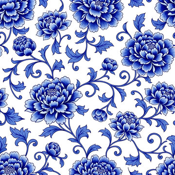 Seamless pattern of blue peonies and leaves on a white background, traditional chinese porcelain style