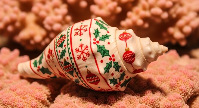 A festive conch shell adorned with Christmas holly and snowflakes rests on intricate pink coral, evoking a tropical holiday spirit