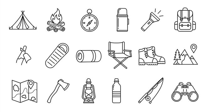 Camping Icons Outdoor Adventure Line Art, Hiking Gear Set