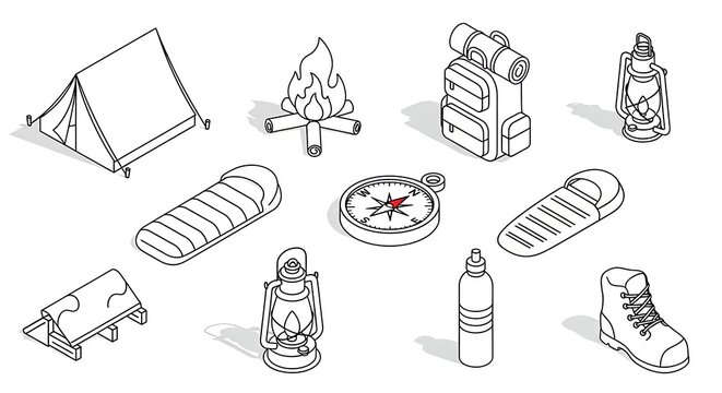 Camping Gear Isometric Icons Tent, Backpack, Bonfire, Compass - Powered by Adobe