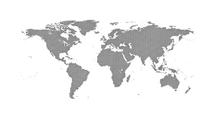 Fototapeta premium A black and white world map made of pixelated squares, representing global connections and digital data visualization.