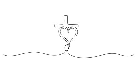 Obraz premium Continuous line drawing of a Christian cross with a heart shape symbolizing faith, love, and sacrifice, set against a white background.