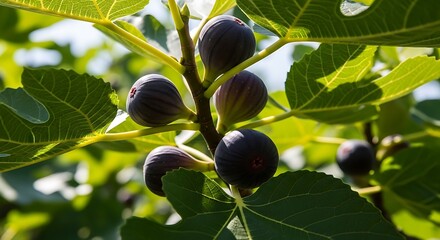 Close-up of ripe figs growing on a branch with lush green leaves under natural sunlight.