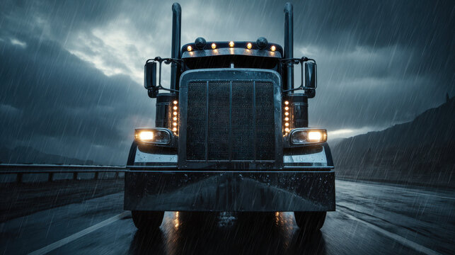 Rugged heavy duty semi truck front view driving through pouring rain at night with illuminated headlights and wet reflective highway, dramatic moody atmosphere and powerful presence