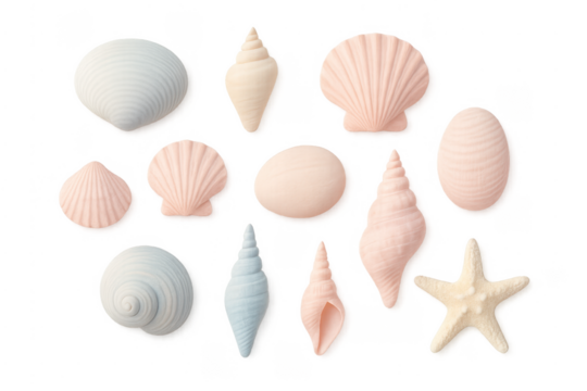 Seashell collection with marine starfish on transparent background