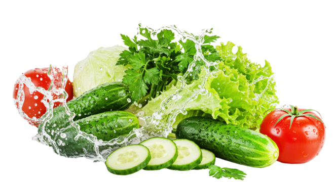 Fresh vibrant vegetables with water splash: tomato, cucumber, lettuce, parsley isolated on transparent background, isolated on white background, Vector, illustration