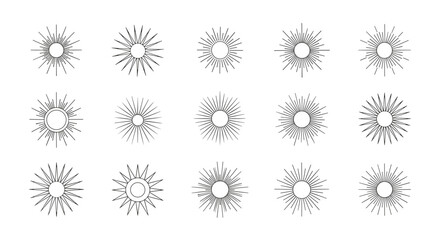Collection of hand-drawn sunburst and starburst outline designs, ideal for vintage logos, badges, and decorative graphic elements.