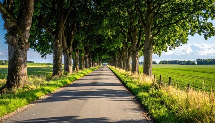 Obraz premium Tree Lined Asphalt Road Through Green Fields Under Bright Sunlight Casting Long Shadows On A Clear Summer Day