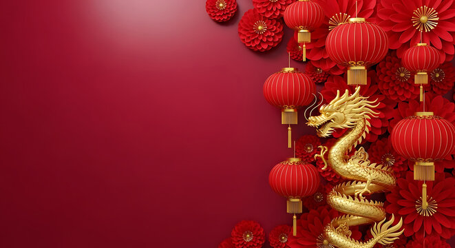 Golden dragon and red lanterns with floral decoration on a red background, chinese new year celebration