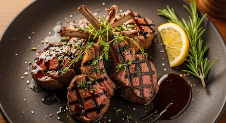 Grilled Lamb Chops with Herbs and Lemon on a Dark Plate.