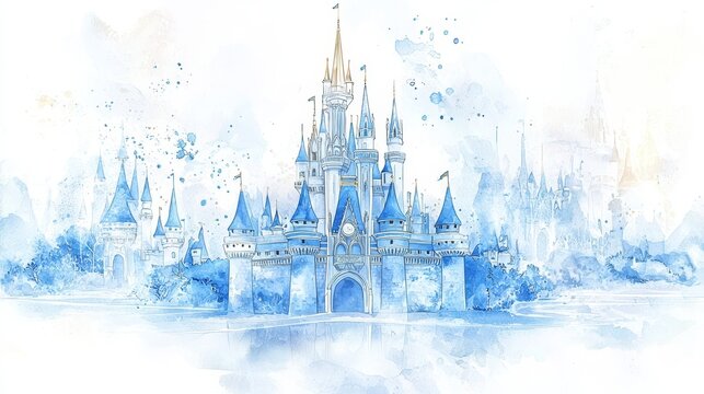 A dreamy fairy princess castle illustrated in light blue watercolor.