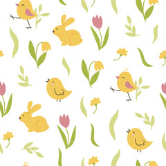 Obraz premium Happy Easter seamless vector pattern. Easter eggs, bunny, butterflies, and chicks in a creative repeating design. A repeating endless flat design in pastel colors.