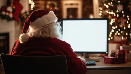 Santa Claus sits at a computer in a festive room, surrounded by Christmas decorations, preparing for the holiday season.