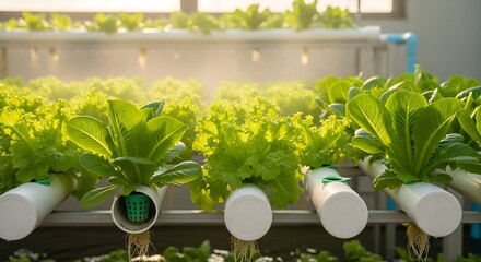 Hydroponic Vegetable Farm with Lush Green Plants and Automated Irrigation System.