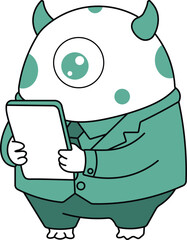 Friendly cartoon monster mascot in a teal suit reading a tablet, ideal for business, tech, marketing, teamwork, and startup visuals