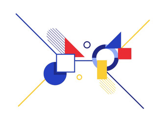 Abstract geometric composition with colorful shapes and lines.